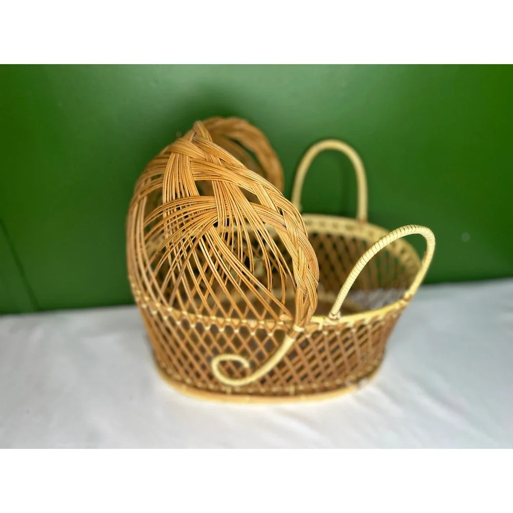 Vintage Wicker Doll Bassinet Miniature Rattan Cradle Hooded Basket Boho Decor